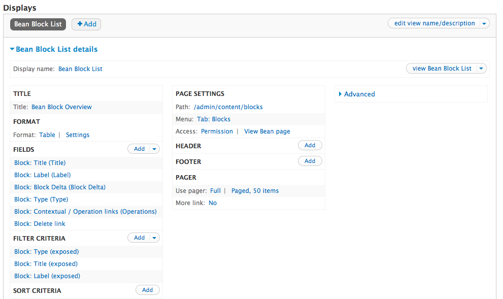 Default Bean admin view.